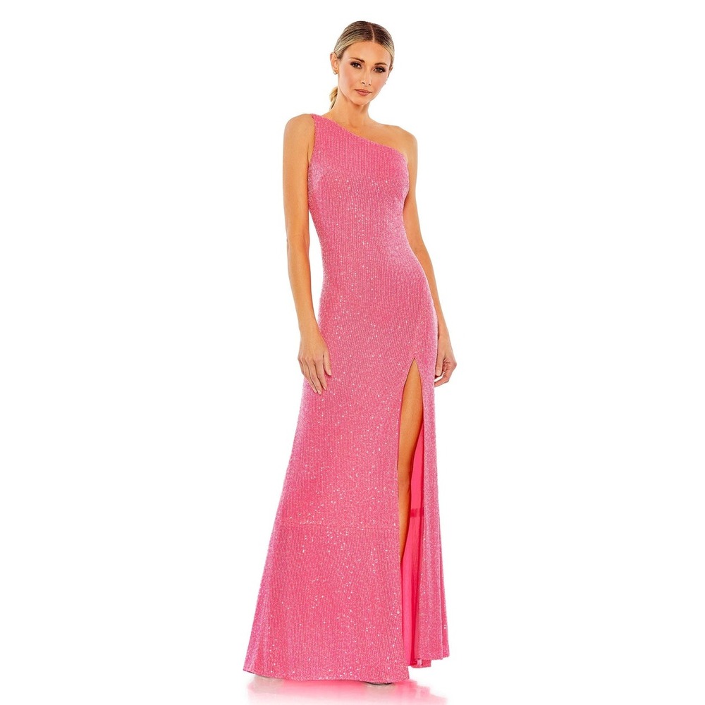Mac Duggal one shoulder beaded gown barbie pink NWT size 8